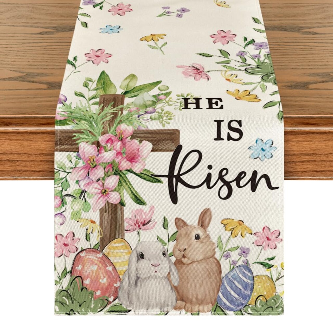 Bunny Rabbits Eggs He is Risen Easter Table Runner, Seasonal Spring Kitchen Dining Table Decoration for Home Party Decor 13x72 Inch